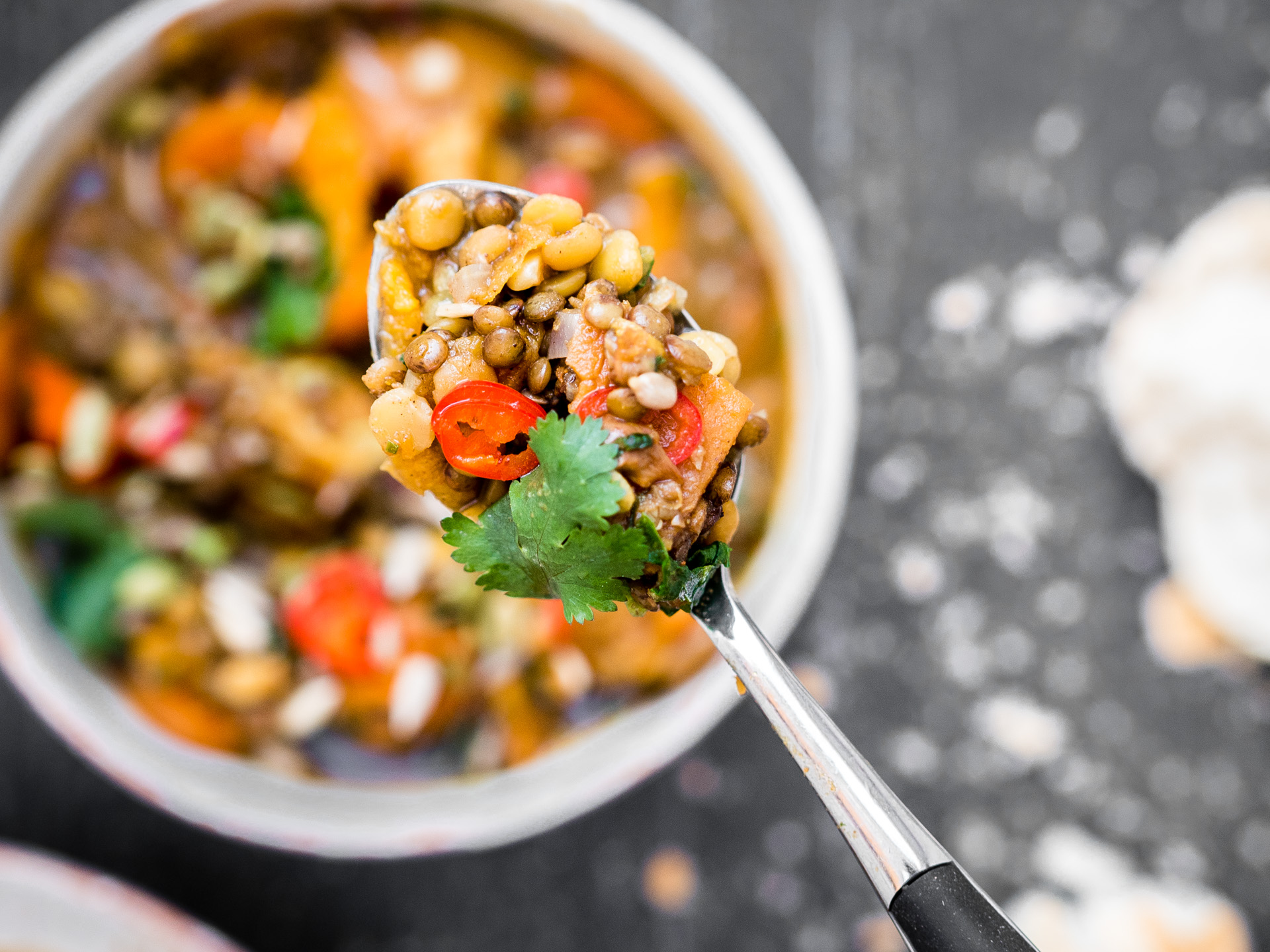 Moroccan sweet spud lentil soup